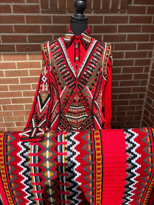 Beautiful Matching Red Colour Taffeta Shirt Vest And Pad