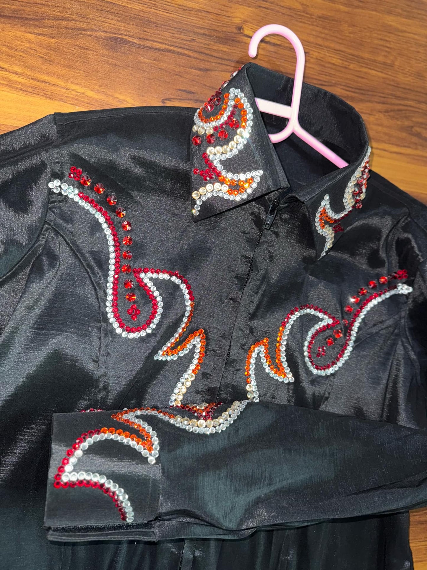 Premium stretchable taffeta shirt  Elegant black with red, orange, and white rhinestone accents