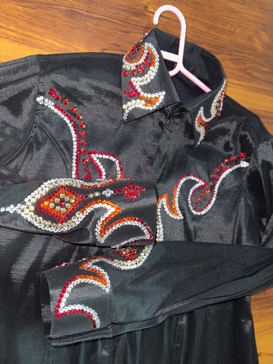 Premium stretchable taffeta shirt  Elegant black with red, orange, and white rhinestone accents